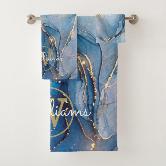 Blauwe Geode Agate Gouden Monogram Bad Handdoek (Insitu)