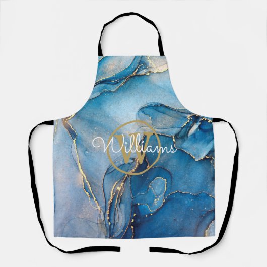 Blauwe Geode Agate Gouden Monogram Script Naam Schort (Voorkant)