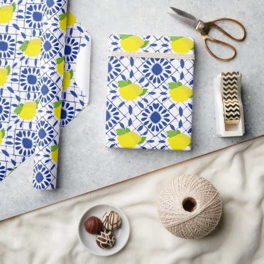 Blauwe geometrische citroentegel cadeaupapier (Crafts)