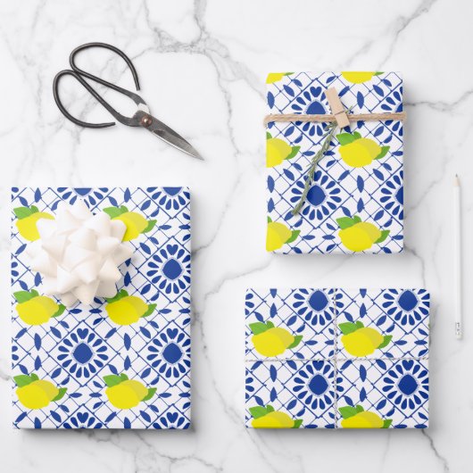 Blauwe geometrische citroentegel inpakpapier vel (Voorkant)