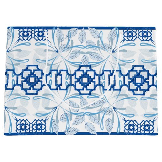 Blauwe Geometrische Floral Chinoiserie | Bruiloft Groot Cadeauzakje (Voorkant)