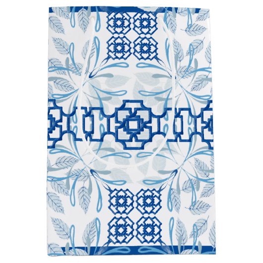 Blauwe Geometrische Floral Chinoiserie | Bruiloft Medium Cadeauzakje (Voorkant)