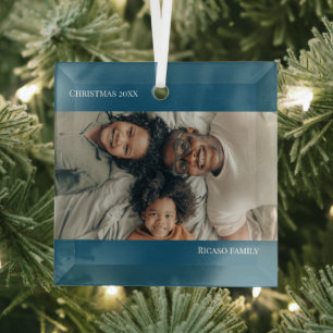Blauwe gepersonaliseerde foto Kerstmis Glas Ornament
