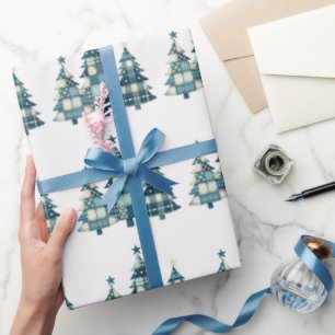 Blauwe geruite kerstbomen cadeaupapier