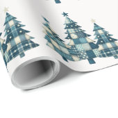 Blauwe geruite kerstbomen cadeaupapier (Rol Hoek)