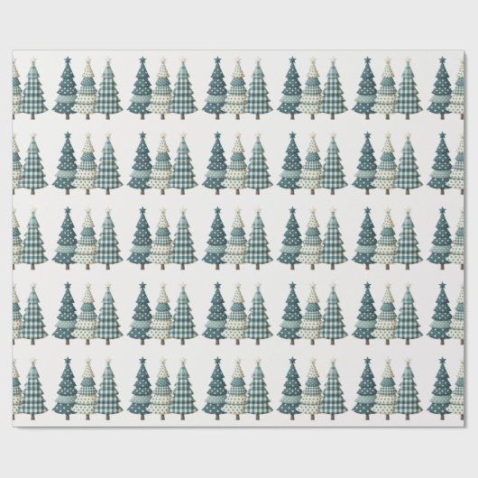 Blauwe geruite kerstbomen cadeaupapier (Vlak)