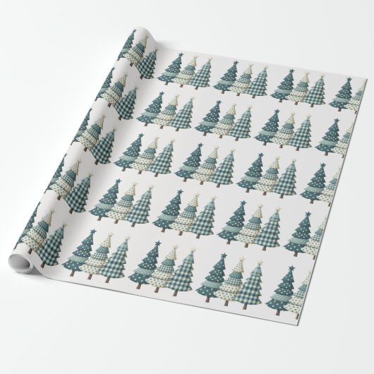 Blauwe geruite kerstbomen cadeaupapier (Uitgerold)