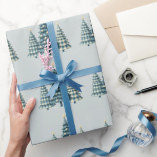 Blauwe geruite kerstbomen cadeaupapier