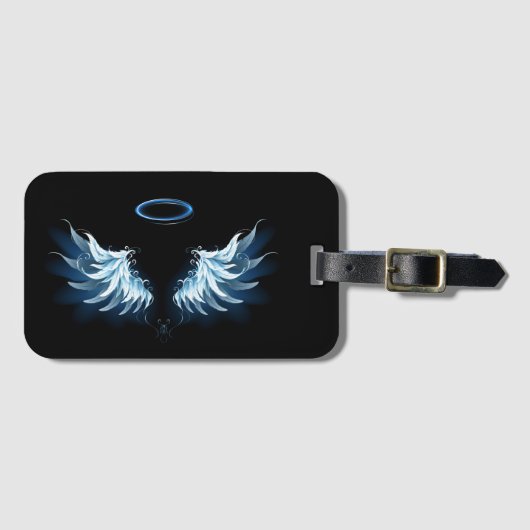 Blauwe Ggloed Angel Wings op zwarte achtergrond Bagagelabel (Voorkant (horizontaal))