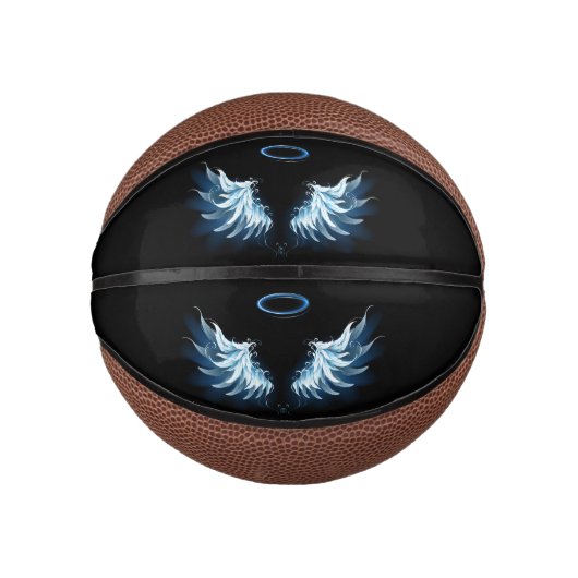 Blauwe Ggloed Angel Wings op zwarte achtergrond Basketbal (Voorkant)