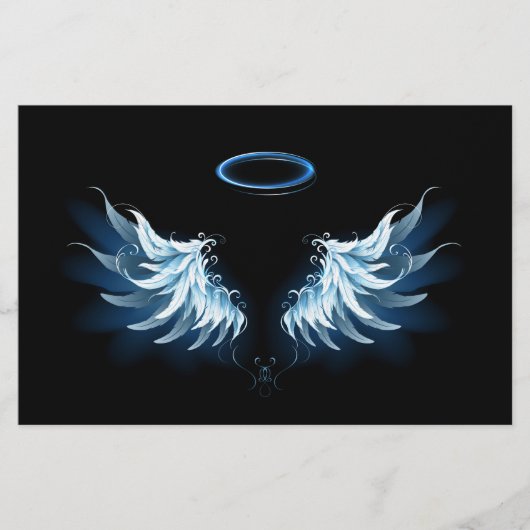 Blauwe Ggloed Angel Wings op zwarte achtergrond Briefpapier (Voorkant)