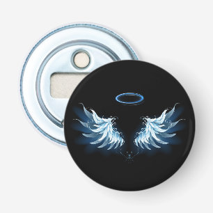 Blauwe Ggloed Angel Wings op zwarte achtergrond Button Flesopener