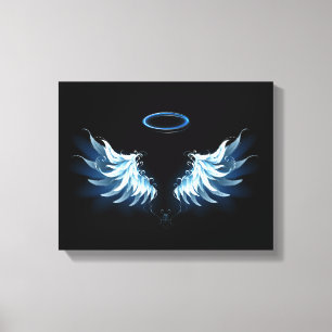 Blauwe Ggloed Angel Wings op zwarte achtergrond Canvas Afdruk