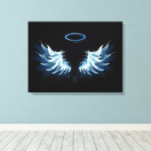 Blauwe Ggloed Angel Wings op zwarte achtergrond Canvas Afdruk (Insitu (Houten vloer))