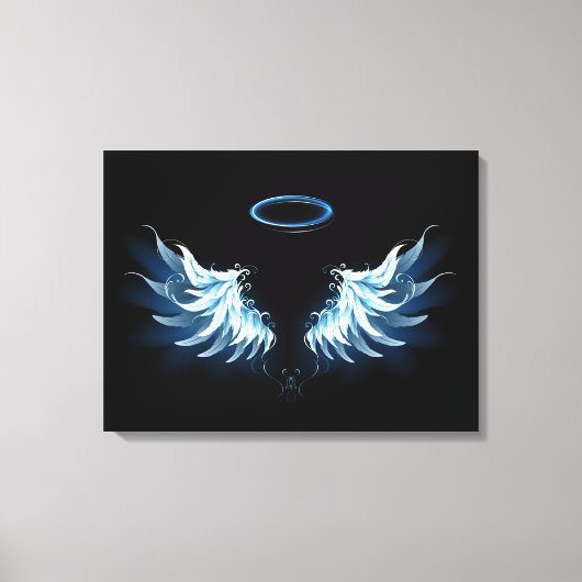Blauwe Ggloed Angel Wings op zwarte achtergrond Canvas Afdruk (Voorkant)