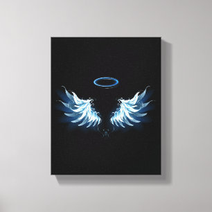 Blauwe Ggloed Angel Wings op zwarte achtergrond Canvas Afdruk