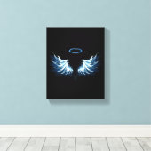 Blauwe Ggloed Angel Wings op zwarte achtergrond Canvas Afdruk (Insitu (Houten vloer))