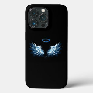 Blauwe Ggloed Angel Wings op zwarte achtergrond iPhone 13 Pro Hoesje