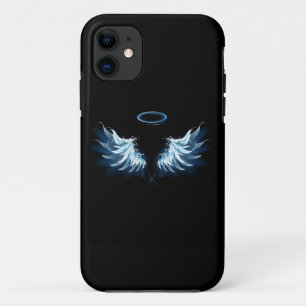 Blauwe Ggloed Angel Wings op zwarte achtergrond iPhone 11 Hoesje