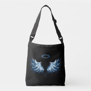 Blauwe Ggloed Angel Wings op zwarte achtergrond Crossbody Tas