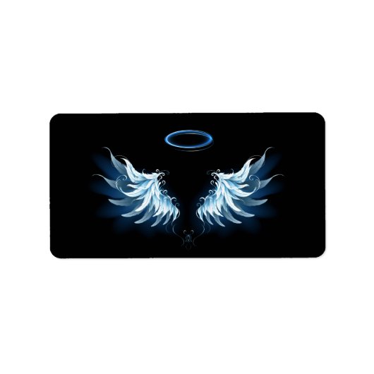 Blauwe Ggloed Angel Wings op zwarte achtergrond Etiket (Voorkant)