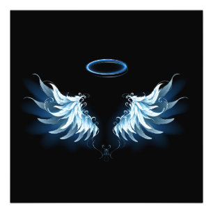 Blauwe Ggloed Angel Wings op zwarte achtergrond Foto Afdruk