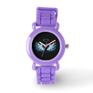Blauwe Ggloed Angel Wings op zwarte achtergrond Horloge