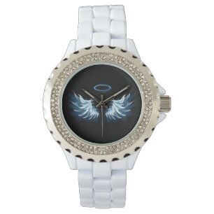Blauwe Ggloed Angel Wings op zwarte achtergrond Horloge