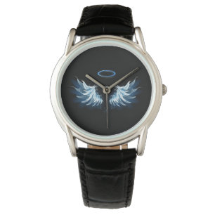 Blauwe Ggloed Angel Wings op zwarte achtergrond Horloge