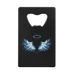Blauwe Ggloed Angel Wings op zwarte achtergrond Kredietkaart Flessenopener