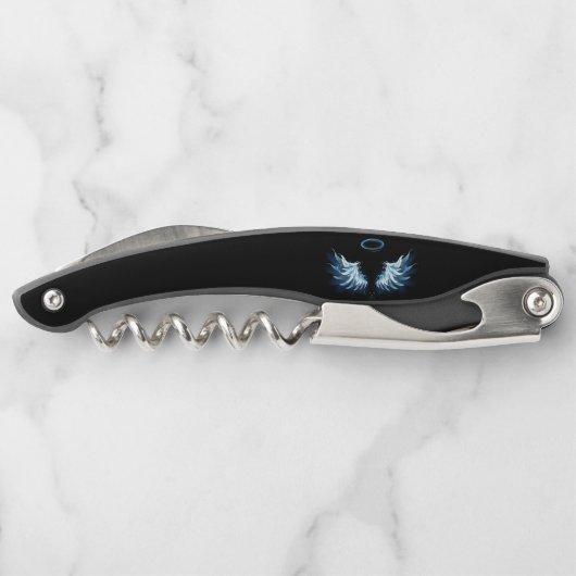 Blauwe Ggloed Angel Wings op zwarte achtergrond Kurkentrekker (Achterkant)