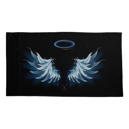 Blauwe Ggloed Angel Wings op zwarte achtergrond Kussensloop (Achterkant-Links)