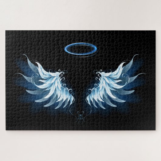 Blauwe Ggloed Angel Wings op zwarte achtergrond Legpuzzel (Horizontaal)