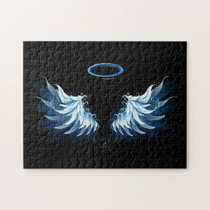Blauwe Ggloed Angel Wings op zwarte achtergrond Legpuzzel
