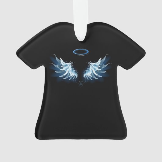 Blauwe Ggloed Angel Wings op zwarte achtergrond Ornament (achterkant)