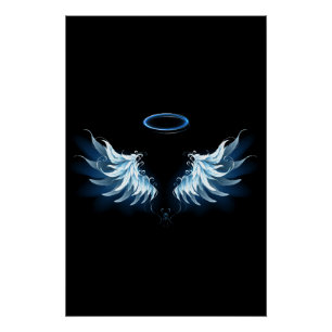 Blauwe Ggloed Angel Wings op zwarte achtergrond Perfect Poster