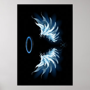 Blauwe Ggloed Angel Wings op zwarte achtergrond Poster
