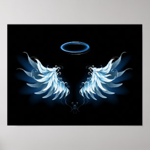 Blauwe Ggloed Angel Wings op zwarte achtergrond Poster