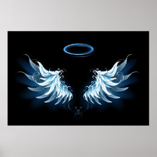 Blauwe Ggloed Angel Wings op zwarte achtergrond Poster