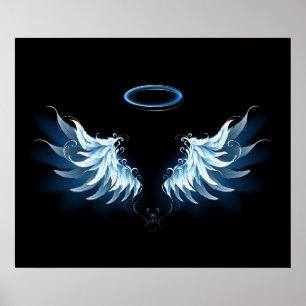 Blauwe Ggloed Angel Wings op zwarte achtergrond Poster