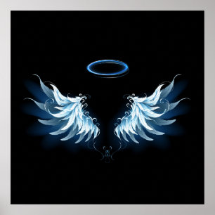 Blauwe Ggloed Angel Wings op zwarte achtergrond Poster