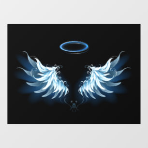 Blauwe Ggloed Angel Wings op zwarte achtergrond Raamsticker