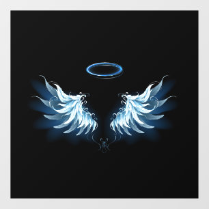 Blauwe Ggloed Angel Wings op zwarte achtergrond Raamsticker