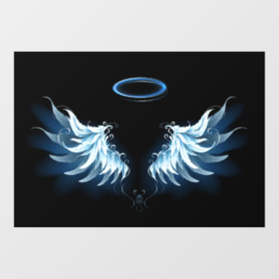 Blauwe Ggloed Angel Wings op zwarte achtergrond Raamsticker