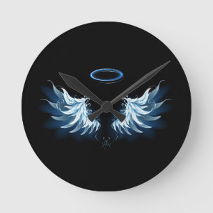 Blauwe Ggloed Angel Wings op zwarte achtergrond Ronde Klok