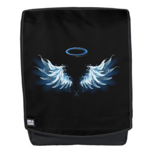 Blauwe Ggloed Angel Wings op zwarte achtergrond Rugtassen