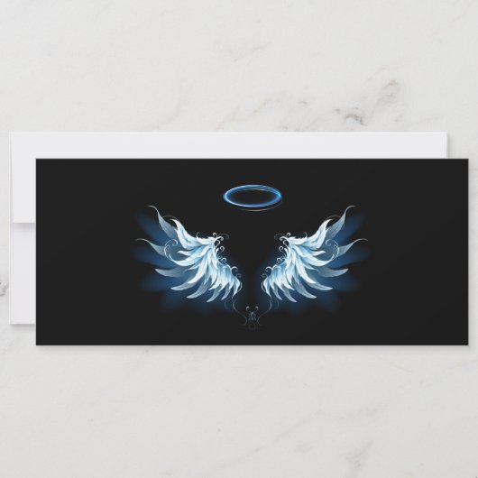 Blauwe Ggloed Angel Wings op zwarte achtergrond Save The Date (Voorkant)