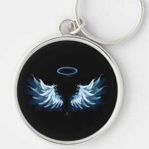 Blauwe Ggloed Angel Wings op zwarte achtergrond Sleutelhanger