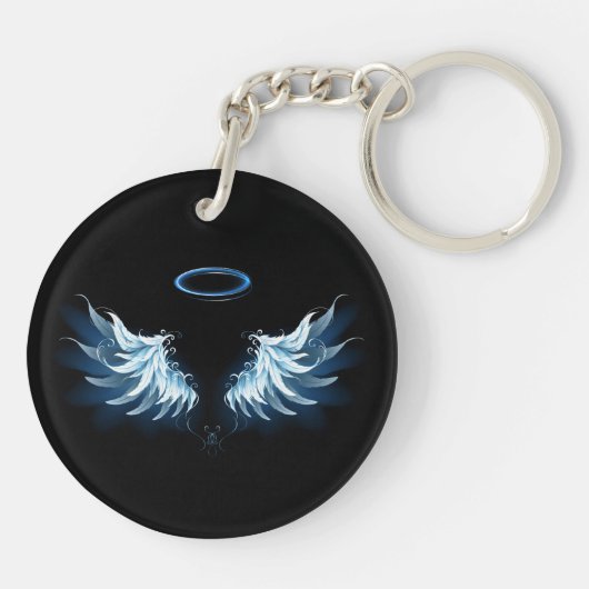 Blauwe Ggloed Angel Wings op zwarte achtergrond Sleutelhanger (Achterkant)