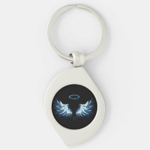 Blauwe Ggloed Angel Wings op zwarte achtergrond Sleutelhanger